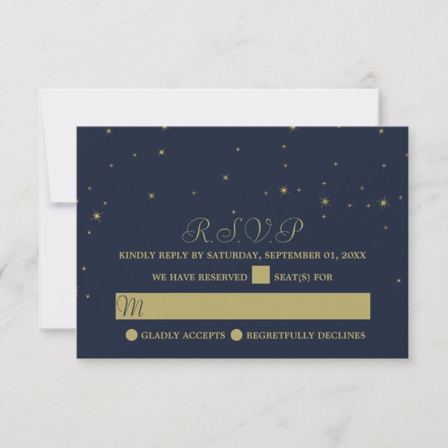 Elegant Navy & Gold Falling Stars Wedding RSVP Card (Front)