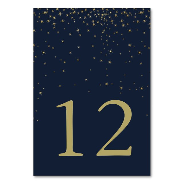 Elegant Navy & Gold Falling Stars Wedding Table Number (Front)