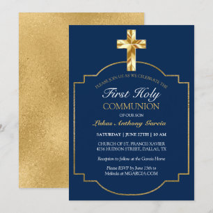 Elegant Navy Gold First Holy Communion Invitation