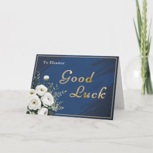 Elegant Navy Gold Floral Good Luck Personalized Card