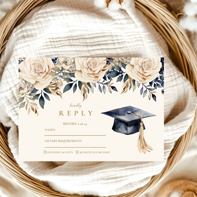 Elegant Navy Gold Floral Graduation  RSVP Card (Creator Uploaded)