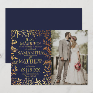 Elegant Navy & Gold Floral Wedding Photo Announcement