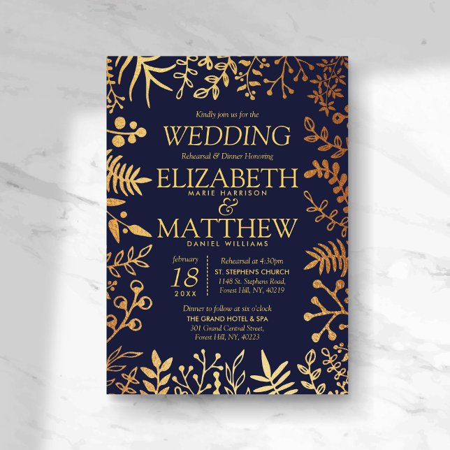 Elegant Navy & Gold Floral Wedding Rehearsal Invitation (Creator Uploaded)