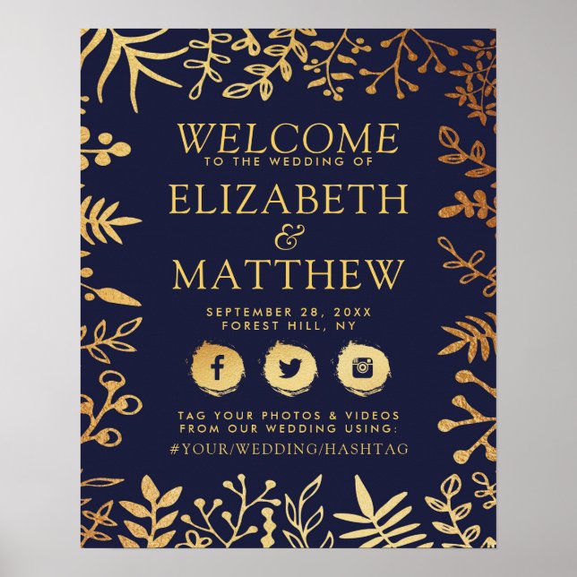 Elegant Navy & Gold Floral Wedding Welcome Poster (Front)