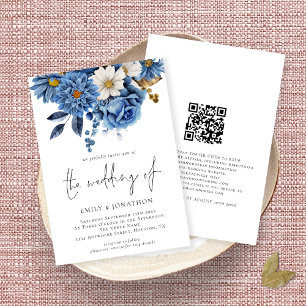 Elegant Navy Gold Florals QR Code Wedding  Invitation