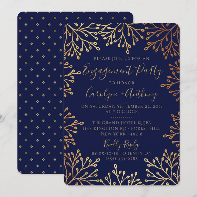 Elegant Navy & Gold Foil Floral Engagement Party Invitation (Front/Back)