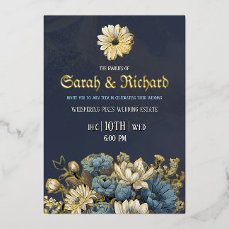 Elegant Navy Gold Foil Floral Invite