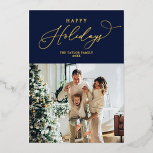 Elegant Navy Gold Foil Happy Holidays Christmas Holiday Card
