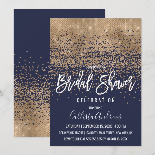 Elegant Navy Gold Glitter Confetti Bridal Shower Invitation (Front/Back)