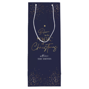 Elegant Navy & Gold Glitter Family Name Christmas Wine Gift Bag