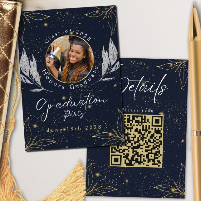Elegant Navy Gold Graduation Party QR Code Enclosure Card (Creator Uploaded)