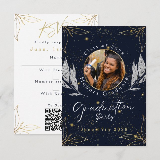 Elegant Navy Gold Graduation Party RSVP Card (Front/Back)