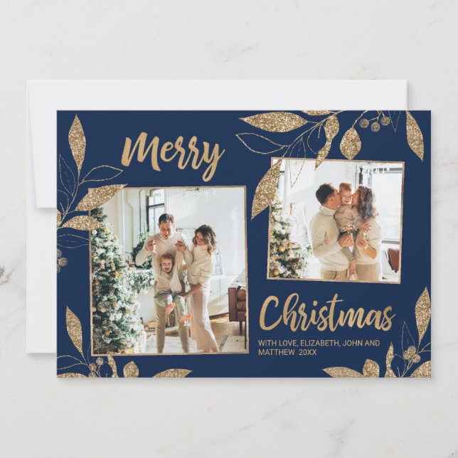 Elegant Navy Gold Leaves 2 Photo Christmas Card (Front)