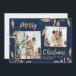 Elegant Navy Gold Leaves 2 Photo Christmas Card<br><div class="desc">Elegant, Modern Navy and Gold Botanical Leaves 2 Photo Collage Merry Christmas Holiday Greeting Card. This festive, whimsical two (2) photo on front holiday card template features a pretty photo collage, faux gold foil botanical leaves, winterberries and says Merry Christmas! The „Merry Christmas” greeting text is written in a beautiful...</div>
