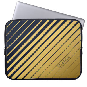 Elegant Navy & Gold Lines with Custom Name Laptop Sleeve