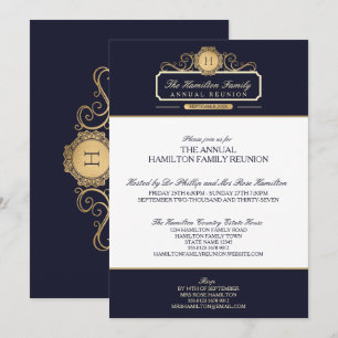 Elegant Navy Gold Monogram Annual Family Reunion Invitation