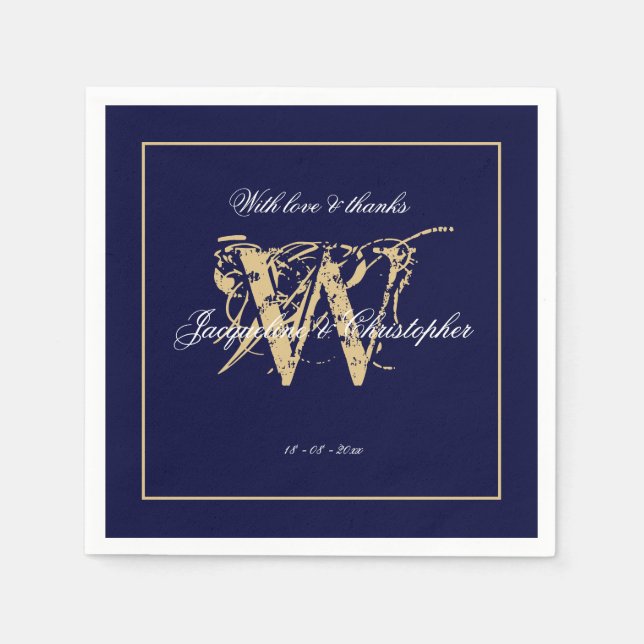 Elegant Navy & Gold Monogram Classic Wedding Paper Napkin (Front)