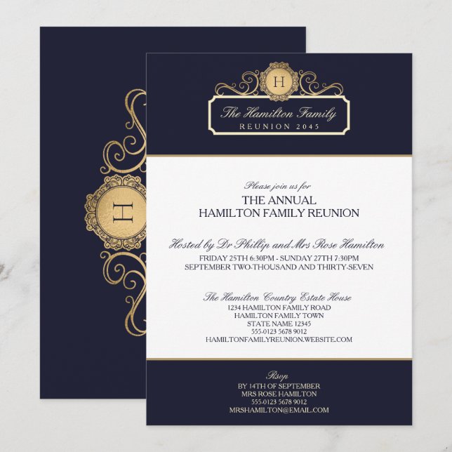Elegant Navy Gold Monogram Family Reunion Invitation (Front/Back)