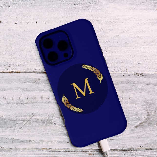 Elegant Navy + Gold Monogram Personalized  iPhone Case (Navy & Gold Monogram iPhone 16 Pro Max Phone Case)