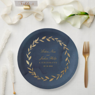 Elegant Navy & Gold Olive Branch Wreath Wedding  Paper Plate