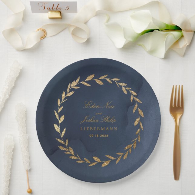 Elegant Navy & Gold Olive Branch Wreath Wedding  Paper Plate (Wedding)