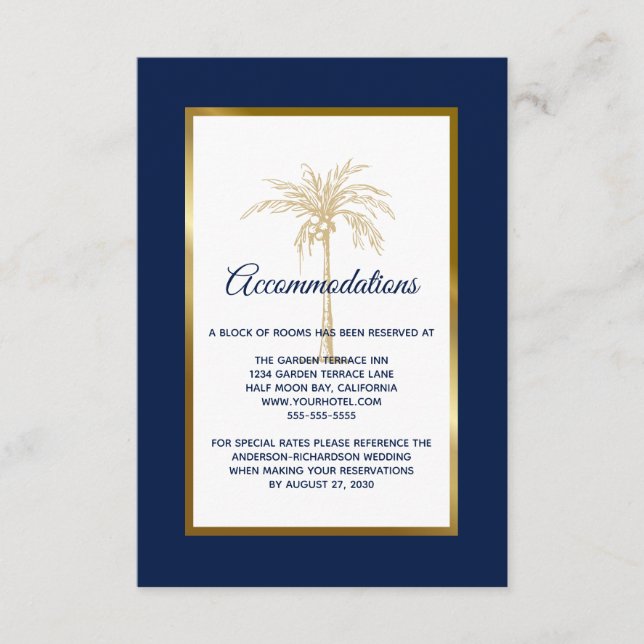 Elegant Navy Gold Palm Tree Wedding Accommodations Enclosure Card (Front)