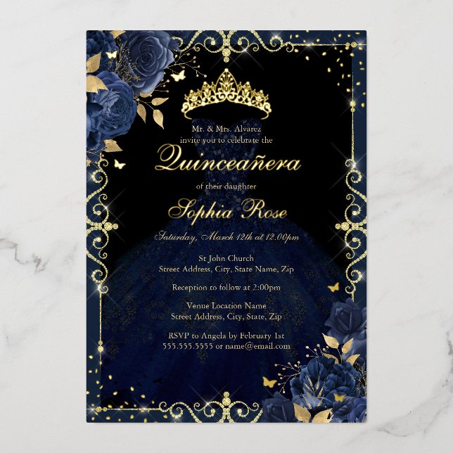 Elegant Navy Gold Rose Dress Quinceanera  (Front)