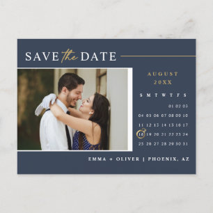 Elegant Navy Gold Save the Date Calendar QR Code Postcard