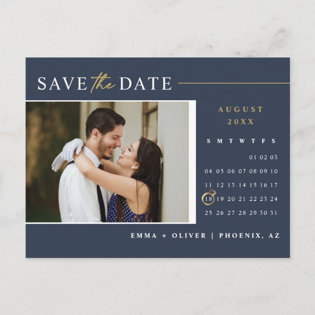 Elegant Navy Gold Save the Date Calendar QR Code Postcard (Front)