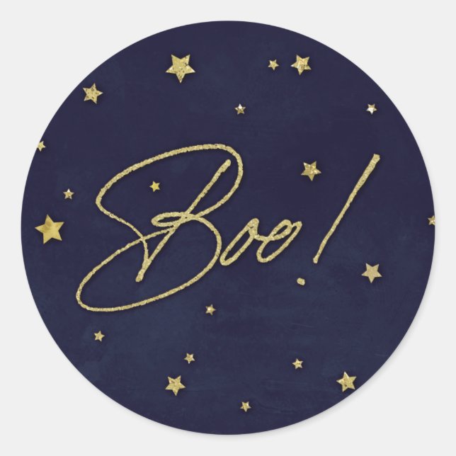 Elegant Navy+Gold Scattered Stars Boo! Halloween Classic Round Sticker (Front)