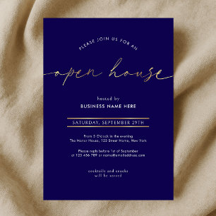 Elegant Navy & Gold Script Business Open House Invitation