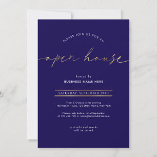 Elegant Navy & Gold Script Business Open House Invitation