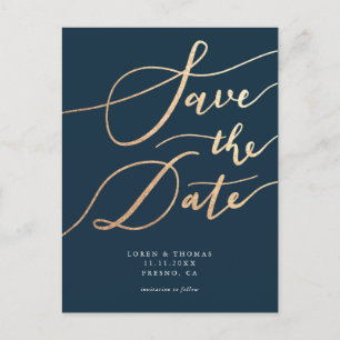 Elegant Navy Gold Script Save the Date Announcement Postcard