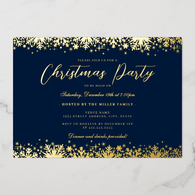 Elegant Navy Gold Snowflake Christmas Party (Front)