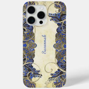 Elegant Navy Gold Swirl Vintage Paisley Peacock   iPhone 15 Pro Max Case