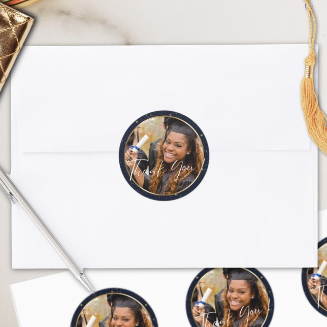 Elegant Navy Gold Thank You Graduation Classic Round Sticker (Creator Uploaded)