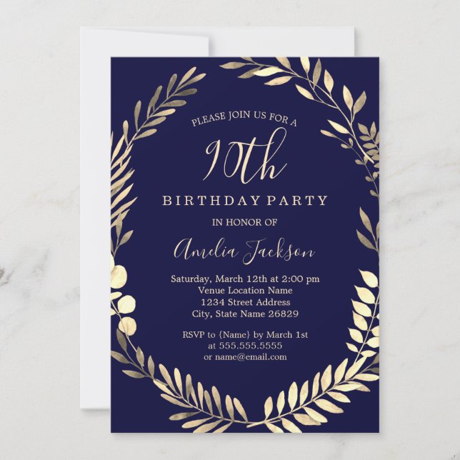 Elegant Navy Gold Watercolor Wreath 90th Birthday Invitation (Front)
