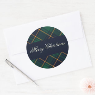 Elegant Navy Green Plaid Christmas Classic Round Sticker