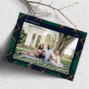Elegant Navy Green Plaid Christmas Holiday Card