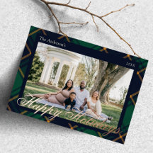 Elegant Navy Green Plaid Happy Holidays