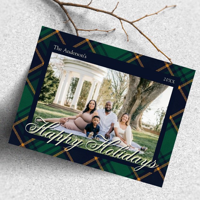 Elegant Navy Green Plaid Happy Holidays Postcard (Creator Uploaded)