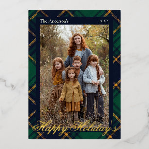 Elegant Navy Green Plaid Holidays Golden  Foil Holiday Card