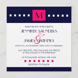 Elegant Navy Hot Pink Monogram Wedding Invitation