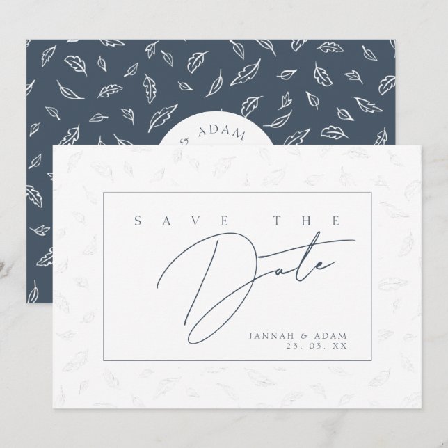 Elegant Navy Leaf Monogram Save The Date (Front/Back)