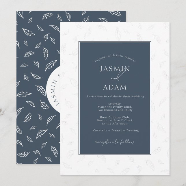 Elegant Navy Leaf Monogram Wedding Invitation (Front/Back)