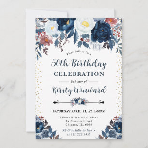 Elegant Navy & Light Blue Floral 50th Birthday Invitation