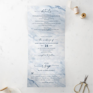 Elegant Navy & Light Blue Marble with Foil Wedding Tri-Fold Invitation