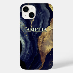 Elegant navy marble art faux gold glitter Case-Mate iPhone 14 case