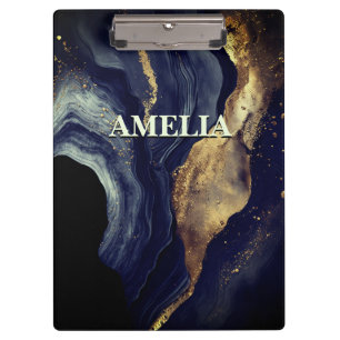 Elegant navy marble art faux gold glitter clipboard