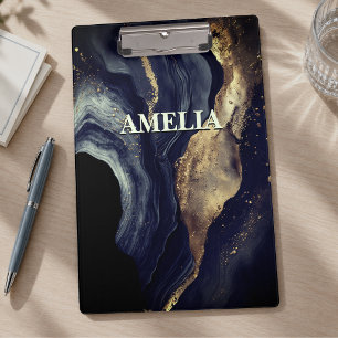 Elegant navy marble art faux gold glitter clipboard